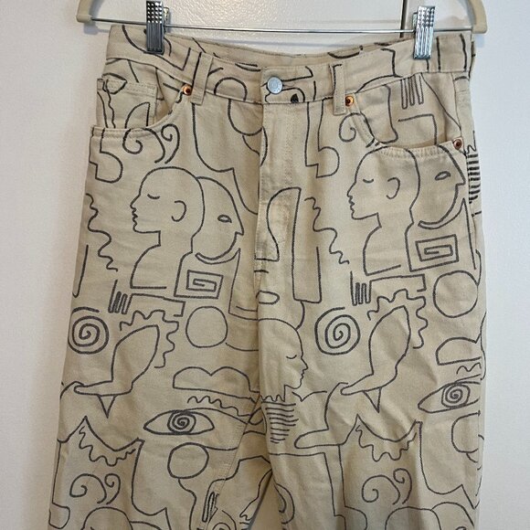 Monki Denim - Monki Taiki organic cotton figure print straight leg jeans in off white, size 29